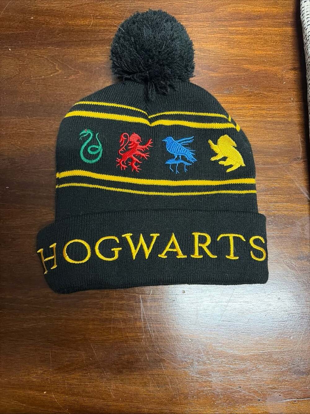 Harry Potter Hogwarts Beanie Black Knit Pom Pom Hat Adult